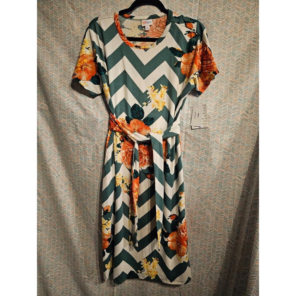 *Unicorn* NWT Marly Lularoe Dress White/Green Chevron Coral Roses Belt Sx Large